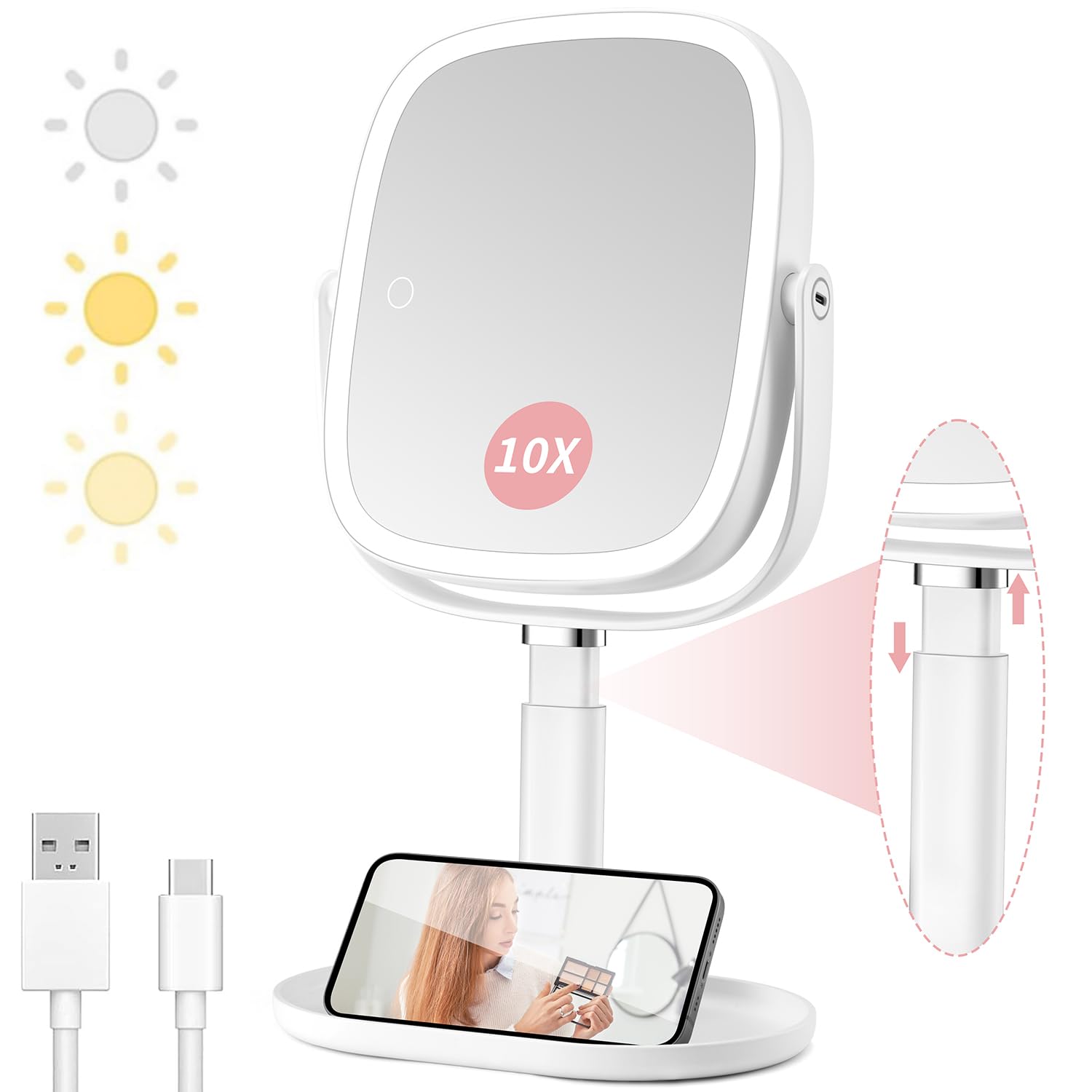 Vanexiss Espejo de maquillaje de aumento con luz, espejo de tocador grande 1X/10X, 3 modos de iluminación de color recargable, soporte ajustable, rotación de 360° y espejo de escritorio desmontable