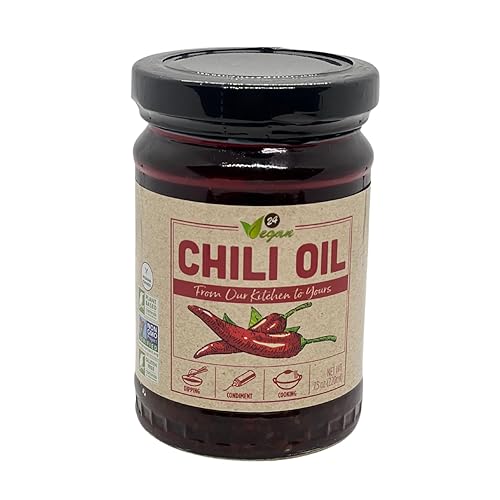 24Vegan Aceite de chile vegano totalmente natural sin OMG Sin MSG añadido 7.5 oz Salsa picante para adobos, salteados o salsa para mojar