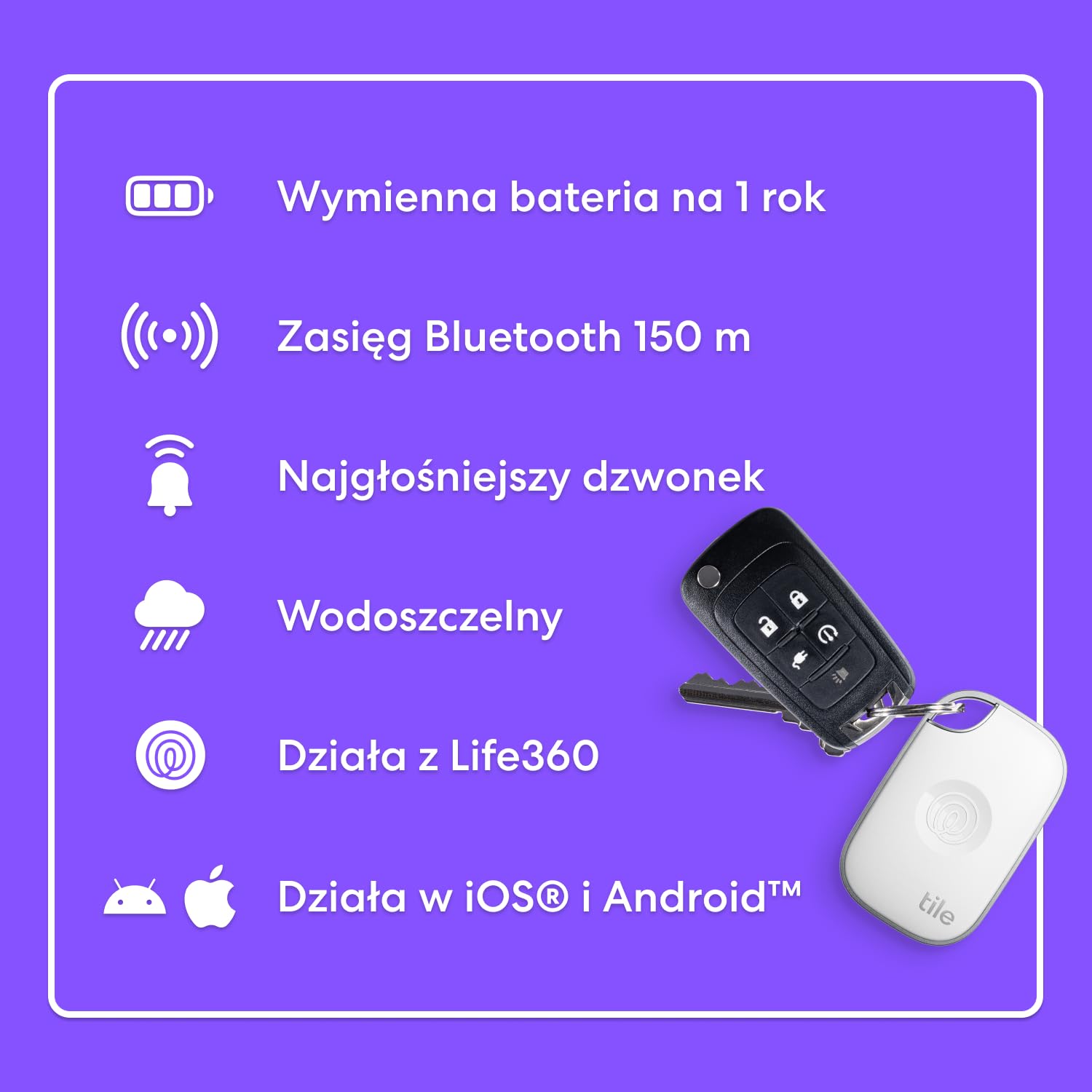 Life360 Tile Pro - najmocniejszy lokalizator Bluetooth do znajdowania kluczy, torebek i innych rzeczy. Zgodnosc: iOS i Android. Znajdowanie telefonu. 1 szt. (bialy)