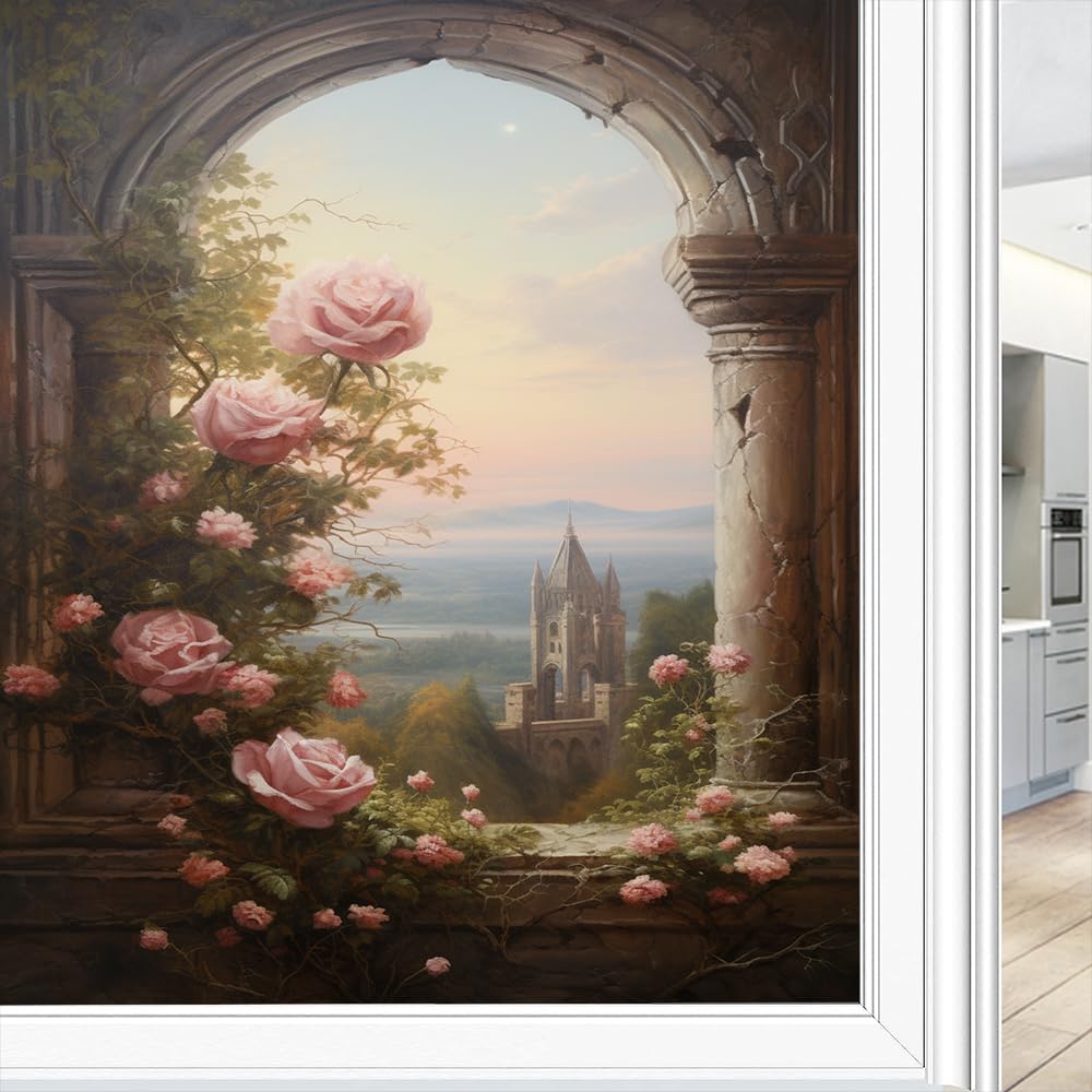 Charmante rosa Blumen Buntglas-Fensterfolie, Vintage, Natur, Blumenmuster, Stadtblick, Sichtschutz, Fensterfolie, Glastürabdeckung, nicht klebende Fensteraufkleber für Badezimmer, Küche, 80 x 140 cm