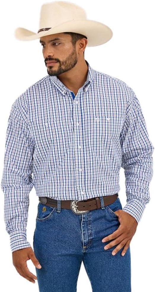 Wrangler Mens George Strait Blue/Red Plaid Long Sleeve Button Down Shirt