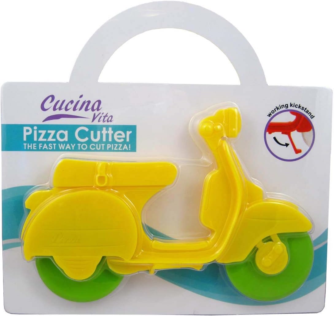 Cucina Vita Pizza Cutter – Scooter-shaped Novelty Slicer with 2 Stainless Steel Metal Cutting Blade Wheels