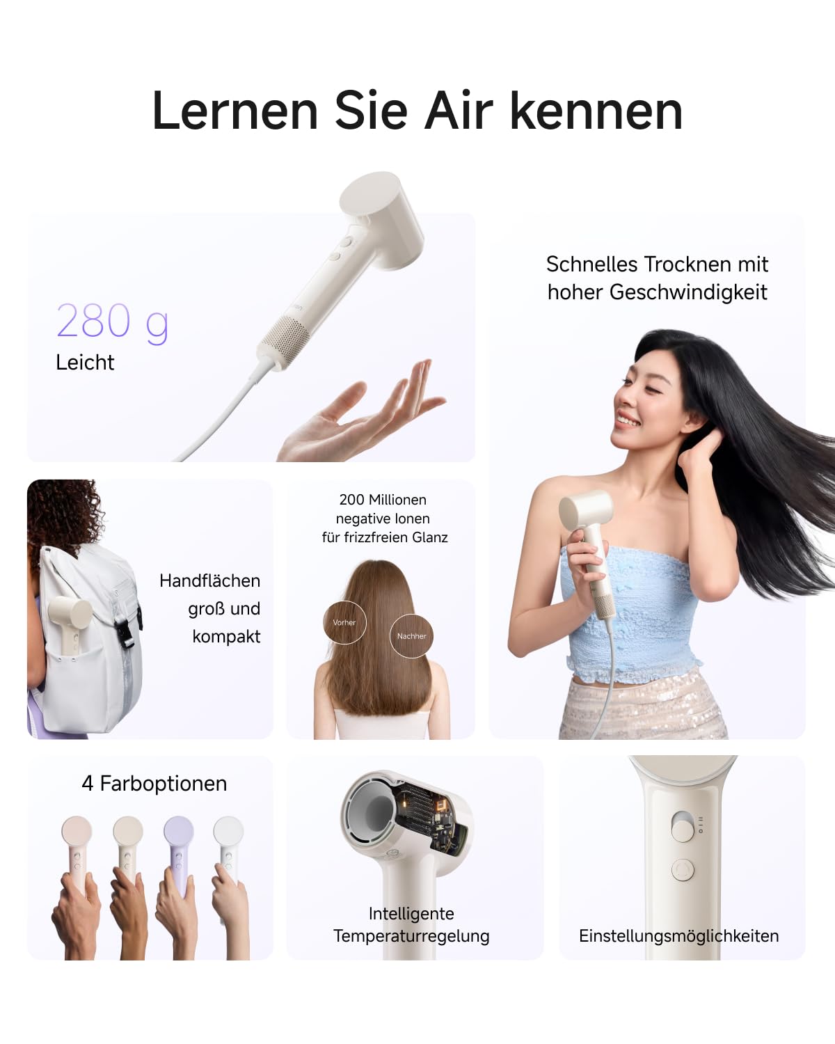 Laifen Air Haartrockner, ultra-leichter Föhn 280 g mit 200 Millionen Negativ-Ionen, schnelles Trocknen in 3 Min., 60 dB flüsterleise mit Kindermodus & Glättungsdüse, ideal für Reisen (Milchtee-Beige)