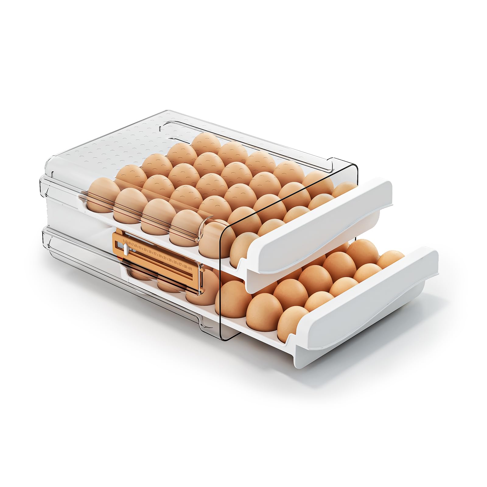 Egg Container for Refrigerator 60 Count, Large Capacity Egg Organizer for Fridge, Transparent Egg Holder for Refrigerator, 2 Tier Egg Storage Container with Timing Function, Clear Stackable Egg Tray