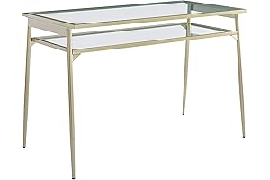 Walker Edison 48" Glass Top 2 Tier Computer Desk with Gold Metal Frame