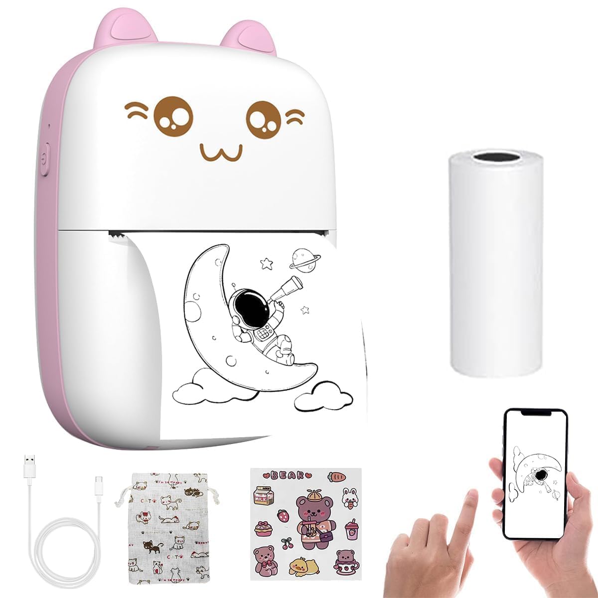 NAKY Mini Bluetooth Thermal Label Printer, Cartoon Label Printer Inkfree Photo Printer for Android & iOS System, Label Maker Black on White Thermal Printer with 1 Roll HD Print Paper & Stickers