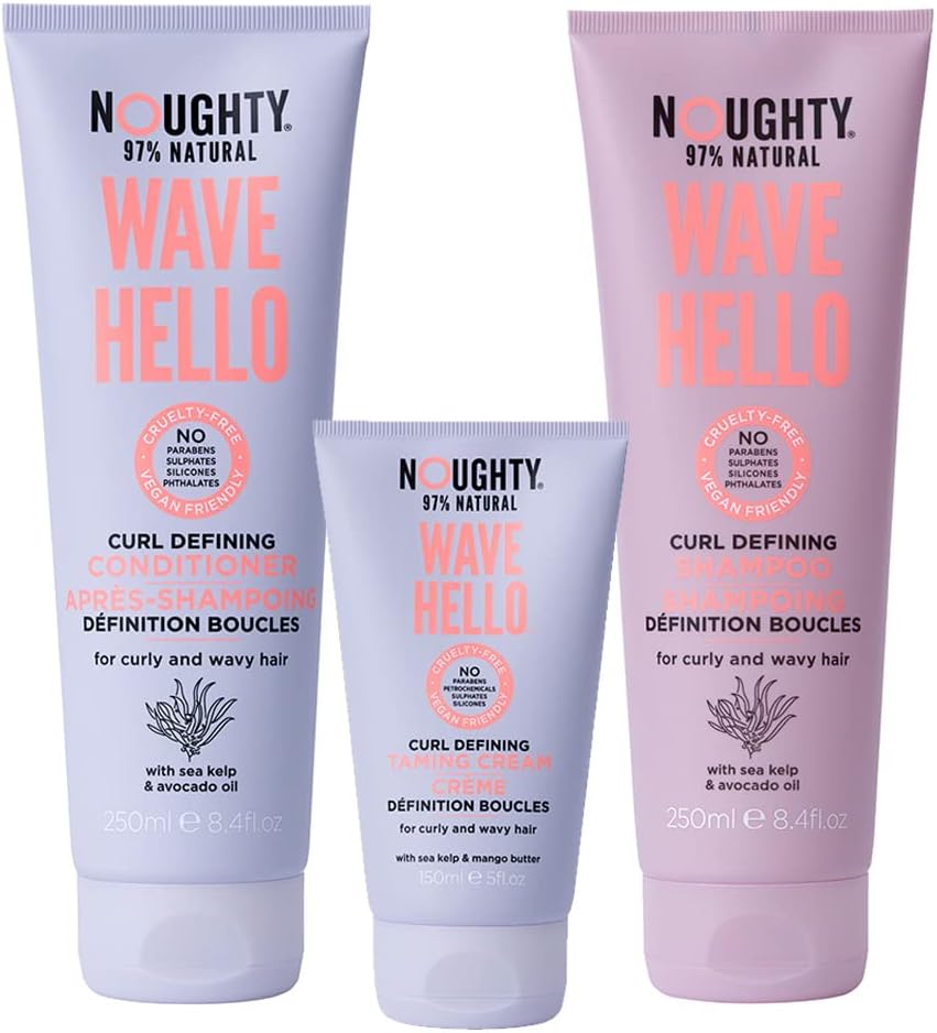 Noughty 97% Natural Wave Hello Shampoo, Conditioner and Taming Cream Trio, Vitamin Rich Formula for Curly and Wavy Hair, with Sea Kelp and Avocado Oil, Vegan Haircare 2 x 250ml, 1 x 150ml