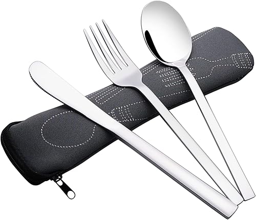 Miniatura 7 de Cubiertos de viaje de acero inoxidable de 3 piezas para la escuela, oficina, empresa, cubiertos de camping con estuche de transporte