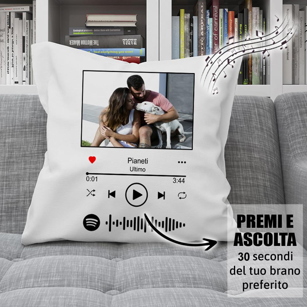 GIFART Cuscino Musicale Spotify Premi e ascolta la tua canzone, personalizzato con foto (Retro Nero, Foto Singola)