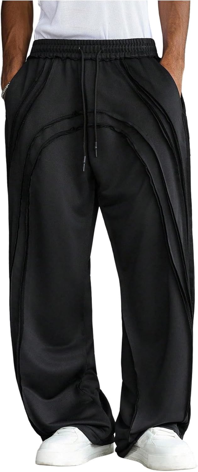 Men's Wide Leg Baggy Sweatpants Seaming Drawstring Stacked Athletic Track Pants with Pockets