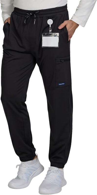 Pantalón médico Nautica para hombre - Joggers médicos elásticos y de ajuste relajado | Tejido elástico; absorbe la humedad; bolsillos con cremallera; cintura elástica; Ideal para turnos largos, uso clínico y uso informal.