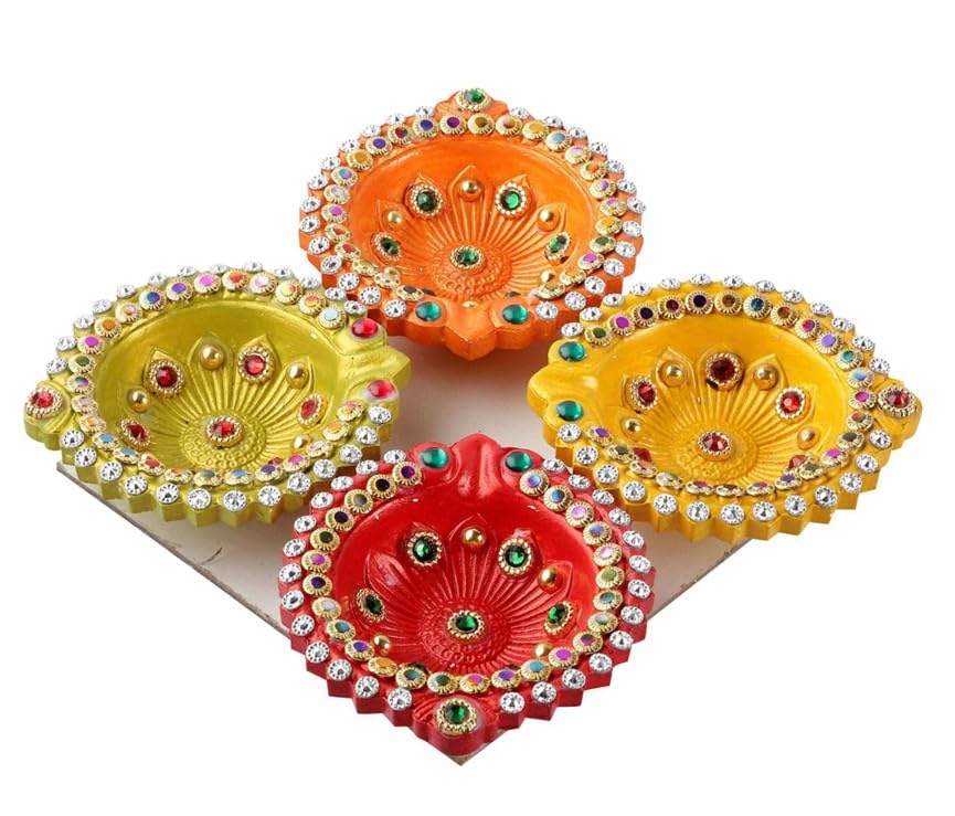 Image of Frizka Diwali Mumbai Famous Koliwada Decorative Assorted Diya Design Set of 4 Handmade Decorative Diyas Premium Design Box Packing 3.5 inch