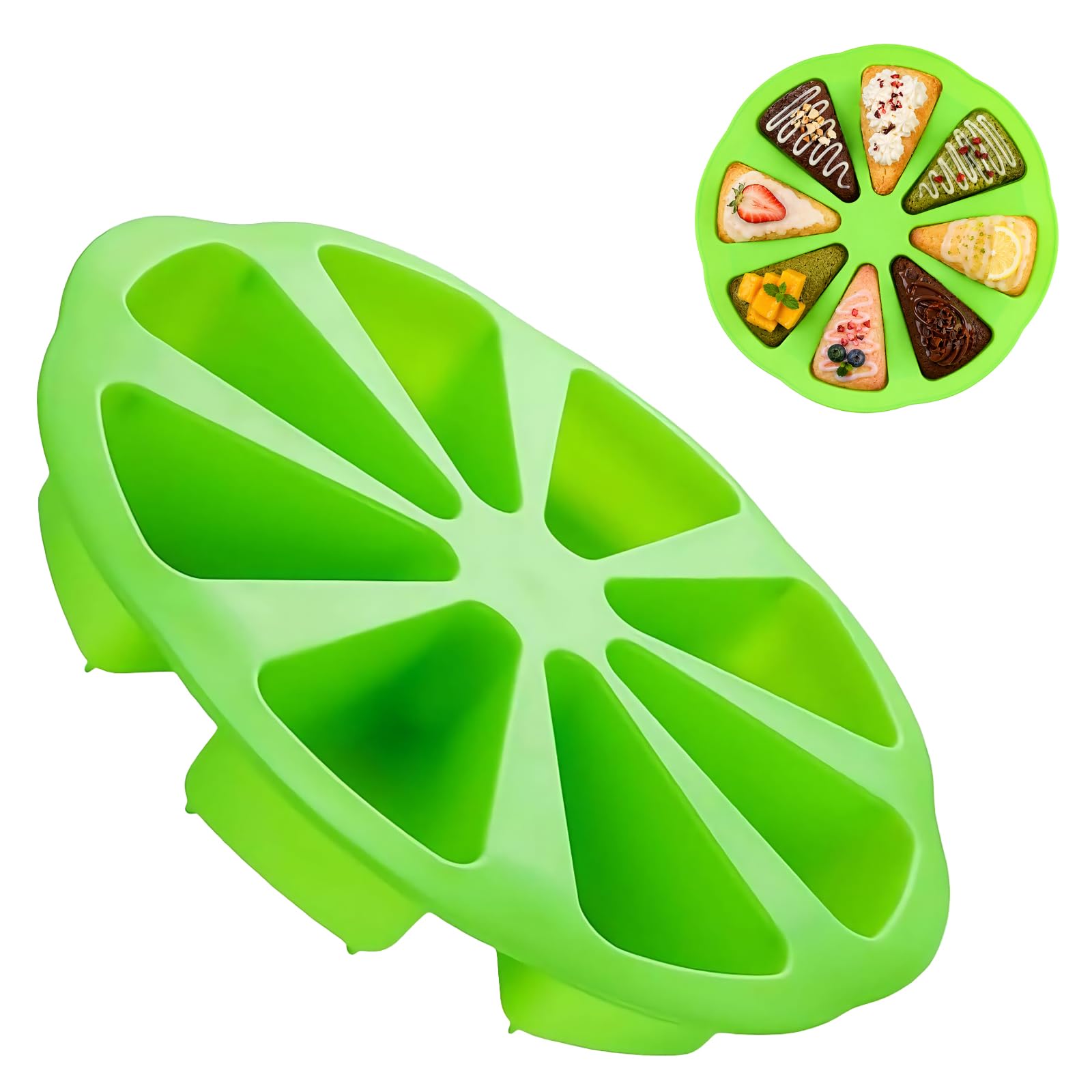Ruiunchu Silicone Moulds for Baking, 8 Portion Triangle Pizza Slice Cake Pan Mold, Reusable, Easy Release for Baking Pies Muffin Brownie Chocolate Scone Cake (Green)