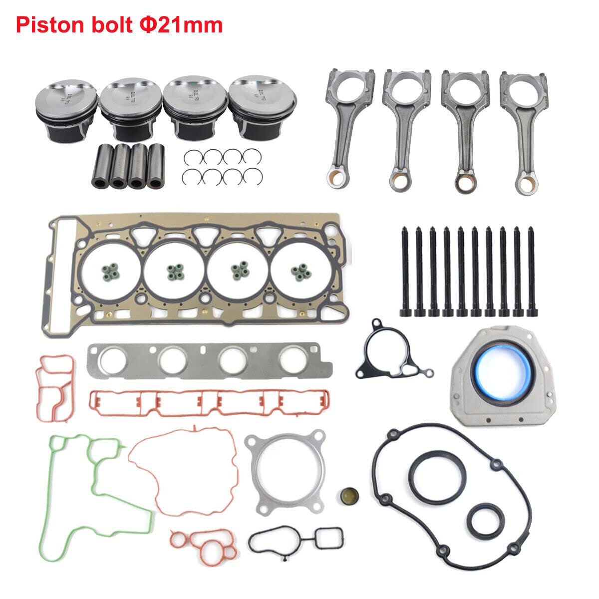 4x Pistone+4x Biella+ Set guarnizioni testata Spinotto pistone Ø 21mm compatibile con 2.0 TFSI TSI GTI 06H107065BE 06H107065DD 06D103385D 06J198401B