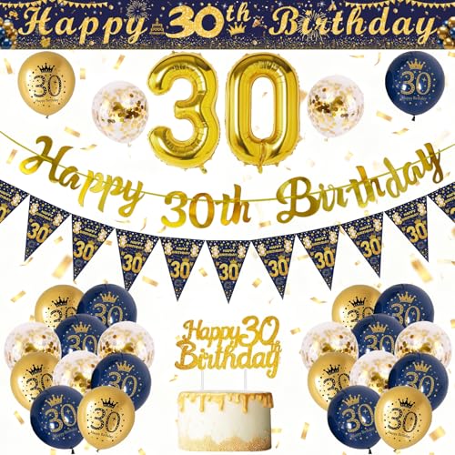 30th Birthday Decorations for Men Blue Gold 30 Birthday Decorations Happy 30th Birthday Banner 30th Balloons 270 * 15cm Cuttable Banner Foil Balloons Cake Topper 30 Birthday Party Supplies for Men