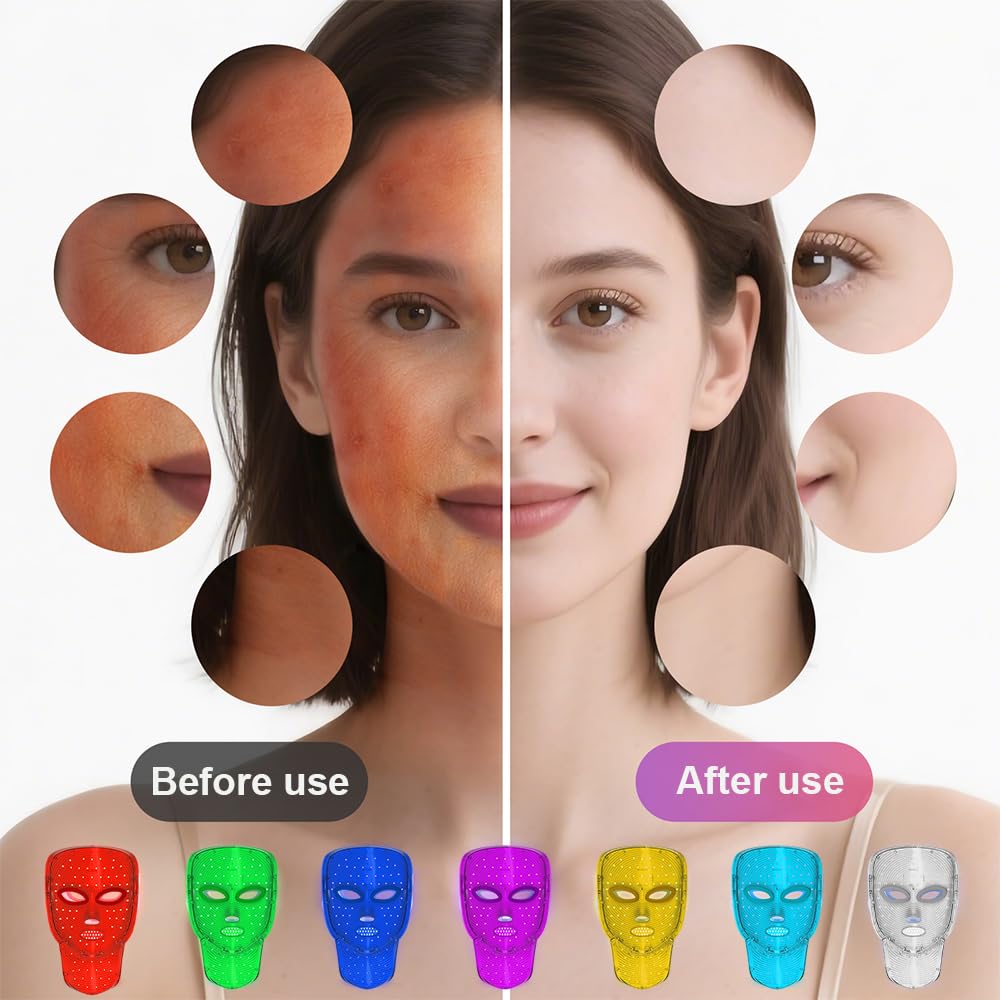 Rotlichttherapie für Gesicht und Hals, LED-Gesichtsmaske, Lichttherapie, 7 Farben, Lichtmaske, kabellos und wiederaufladbar, für Zuhause und auf Reisen