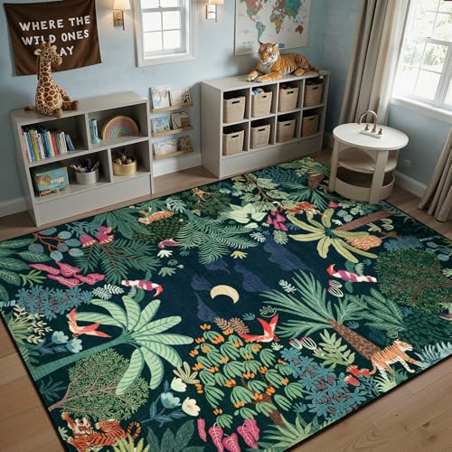 Image of LIVEBOX Washable Bedroom Rug 8x10 Under Bed, Modern Stain Resistant Dark Green Botanical Rug for Living Room Playroom Kids Boy Room, Non-Slip Jungle Forest Print Rugs for Nursery Baby