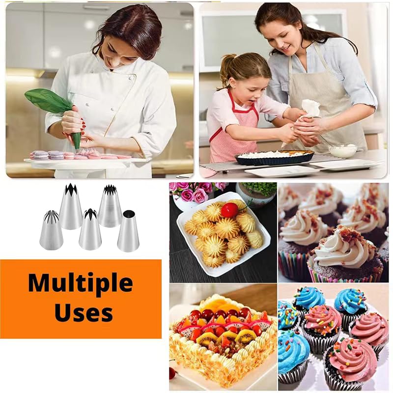 MDLJG Extra Large Piping Tips, Seamless Stainless Steel Icing Piping Nozzle Tip Set, DIY Icing Nozzle Tool for Birthday Cake & Cupcakes, with a Cleaning Brush (6 pcs/set)
