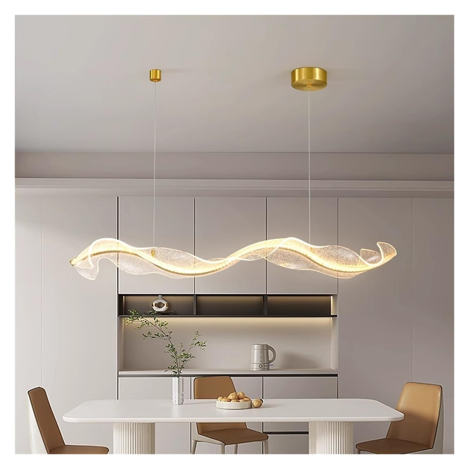 Lampada a sospensione LED lineare a onda artistica con cornice dorata e nastro in resina, luce ambientale calda, ideale per isola cucina, sala da pranzo, soggiorno e arredamento casa. (Length180cm)