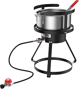 Gas One Propane Deep Fryer with 10Qt Deep Fryer Pot – High Grade Strainer Basket Aluminum Pot for Fish Fry Chicken Wings, Seafood – Propane Burners for Outdoor Cooking Include Thermometer
