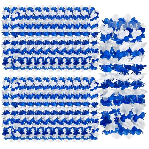 Mowane Graduation Leis Class of 2026 24 Count Leis for Luau Party Thick and Lush Flower Birthdays Beach Weddings Tropical Party Decorations Blue Black Gold White (24pcs Blue & White)