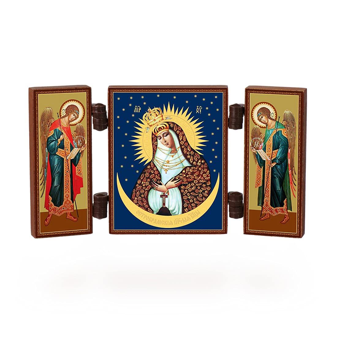 NKlaus - Merciful Mother of God - Christian icon triptych - Ostrobramskaya - travel altar wood 36167, Brown, 9.5L x 5.2W cm