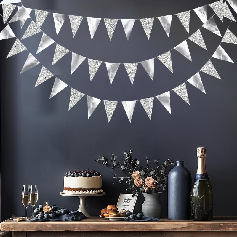 Image of Silver Hanging Triangle Flag Pennant Garland Silver Hanging Paper Pennant Streamer Paper Triangle Flag Bunting Banner for Graduation Wedding Engagement Birthday Party Decorations 30 Feet