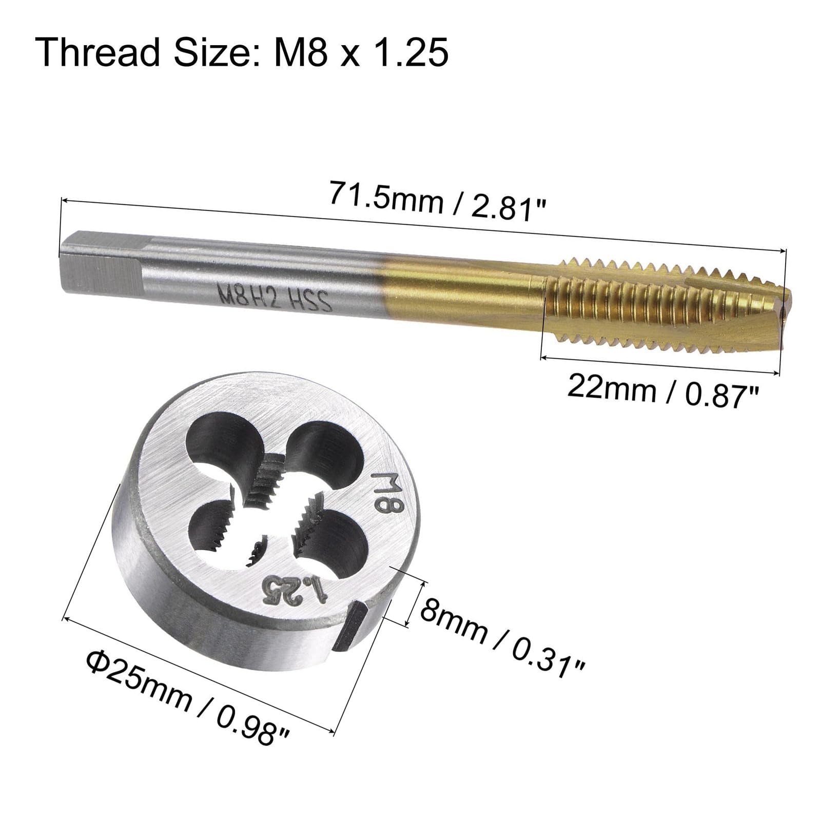 MACHSWON Tap and Die Set Metric M8x1.25,HSS (High Speed Steel) Titanium Plated Machine Spiral Point Thread Screw Tap,Alloy Steel Round Threading Die - Image 2