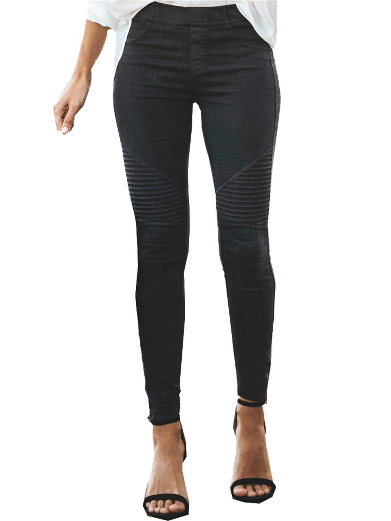 Andongnywell Womens Biker Skinny Ankle Zipper Pleated Stretch Low Waist Pencil Pants Stretchy Trousers