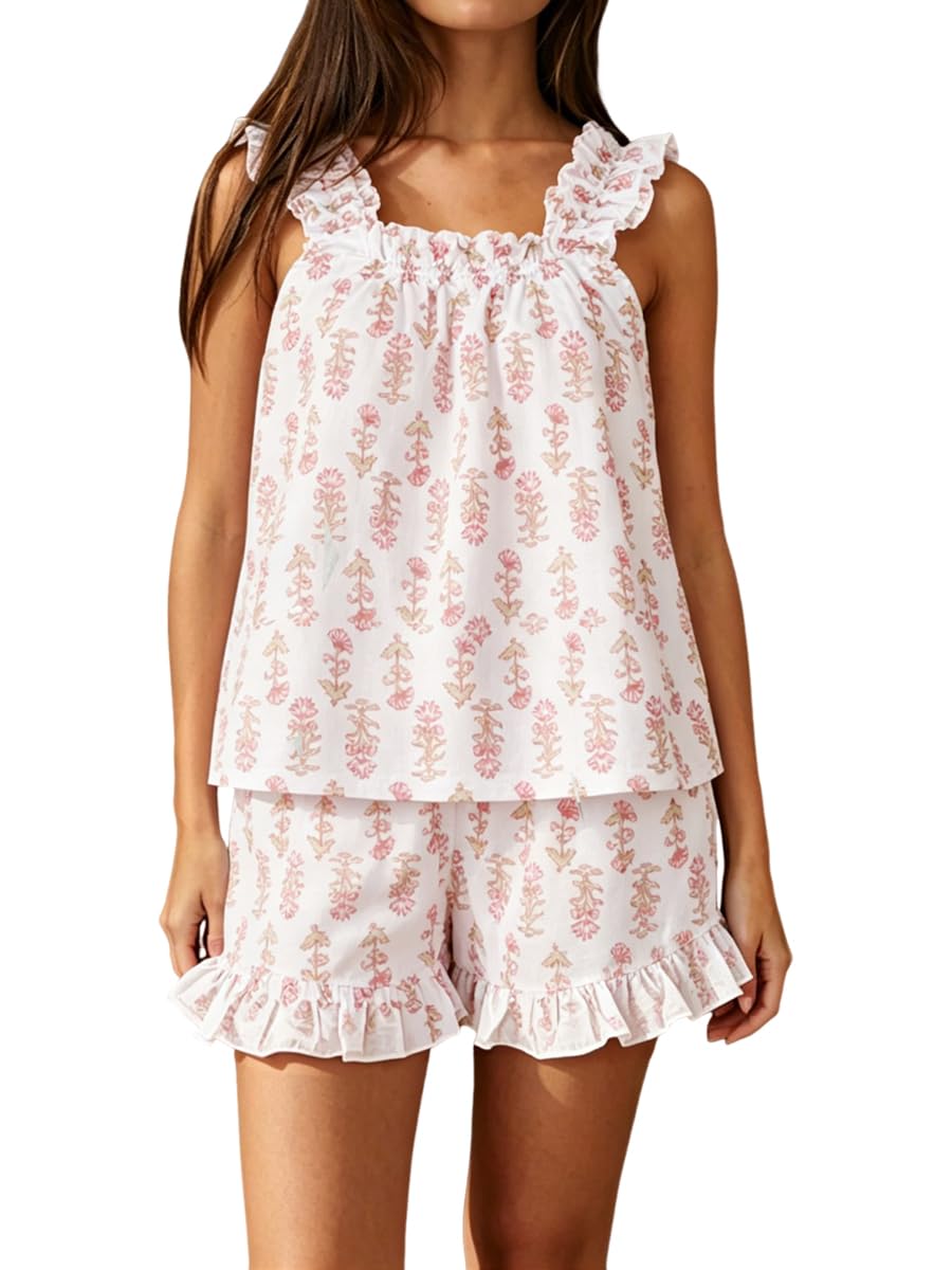 Women's Summer Pajama Set Cotton Ruffle Loungewear Sets