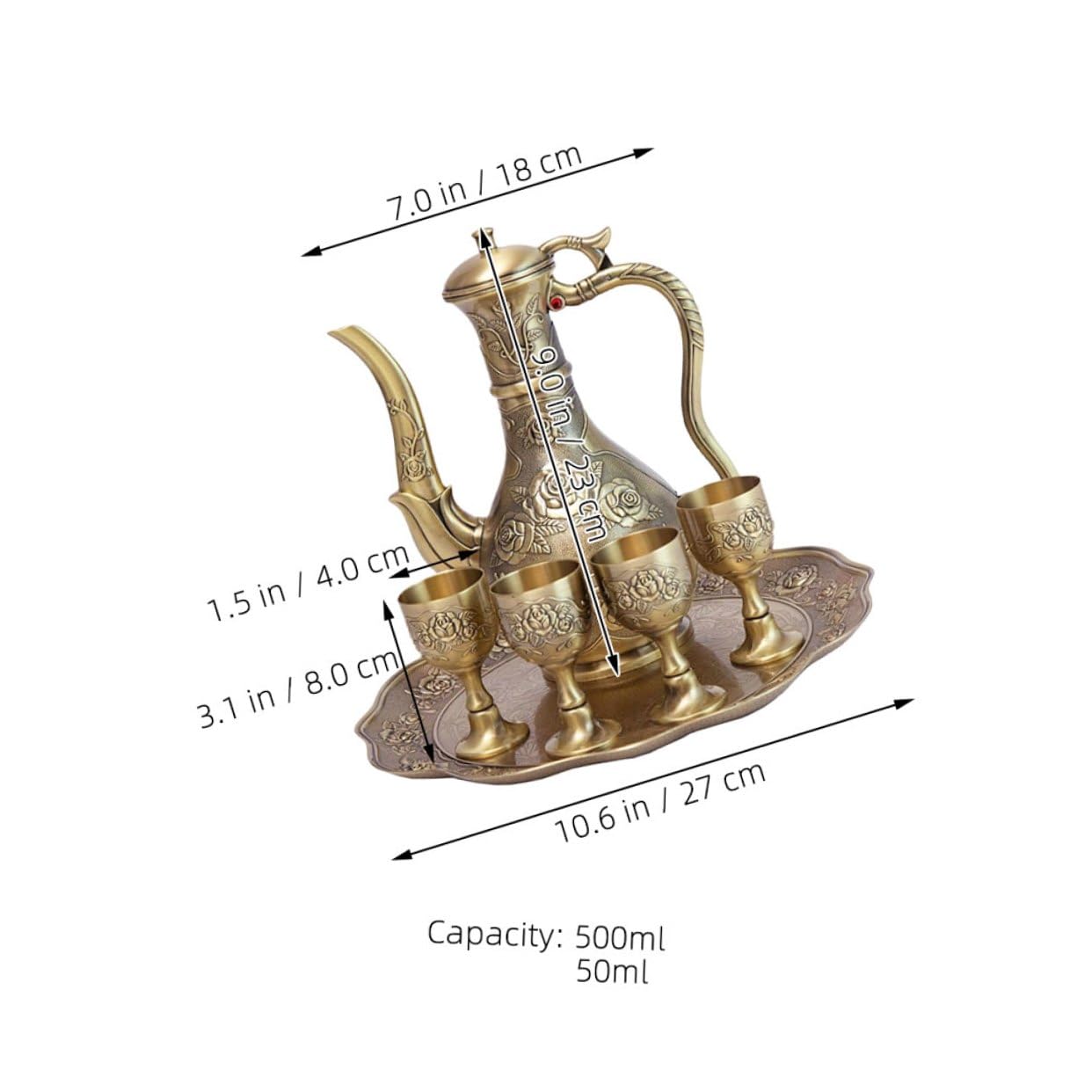 Vino Vintage in Metallo Bronzo Antico con Caraffa Bicchieri e Vassoio Resistente Design Inciso Floreale per Casa Bar Feste ed Eventi Eleganti