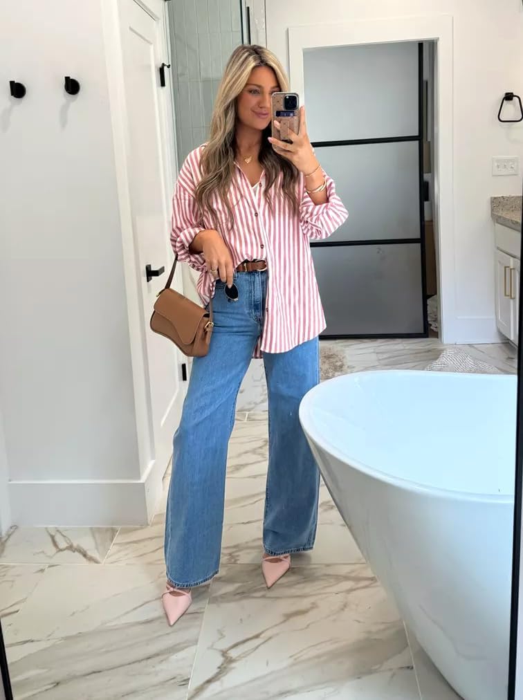 Cicy Bell Womens Oversized Striped Button Down Shirts Boyfriend Long Sleeve Collared Work Blouses - Image 7