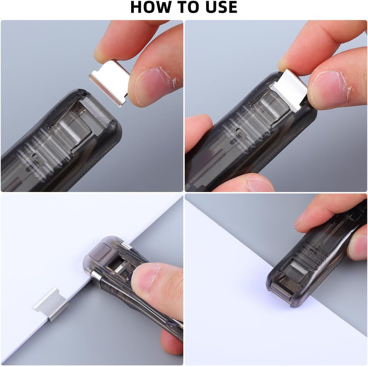 Portable Paper Clam Clip Dispenser 2pcs - Reusable Push Stapler with 200 Refill Clips, No-Hole Binding - Up to 40 Sheet Capacity, Handheld for Document Office School Desk (Black)