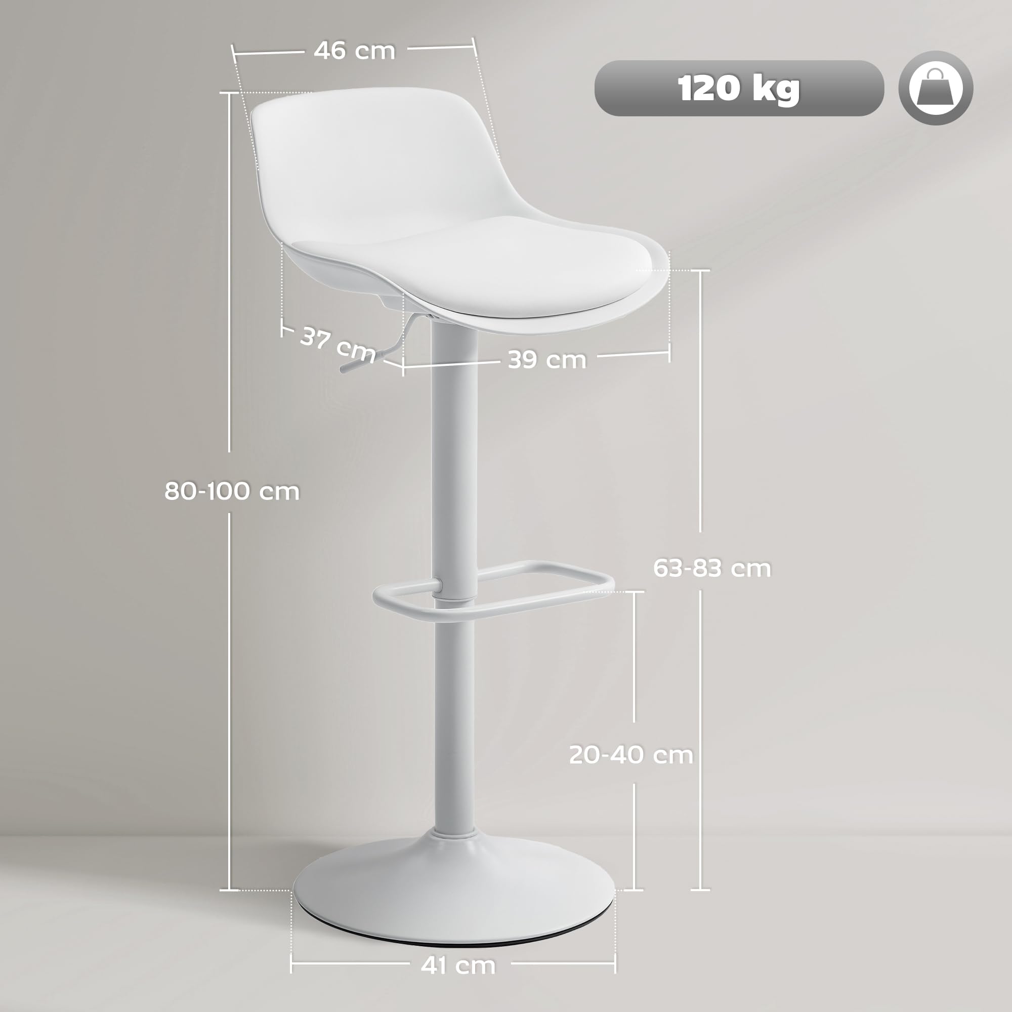 HOMCOM Set 2 Sgabelli Bar con Altezza Regolabile, Sgabelli Alti Cucina in Finta Pelle con Schienale e Poggiapiedi e Ampia Base in Acciaio, Sedie Bar Alte Girevoli a 360°, Bianco