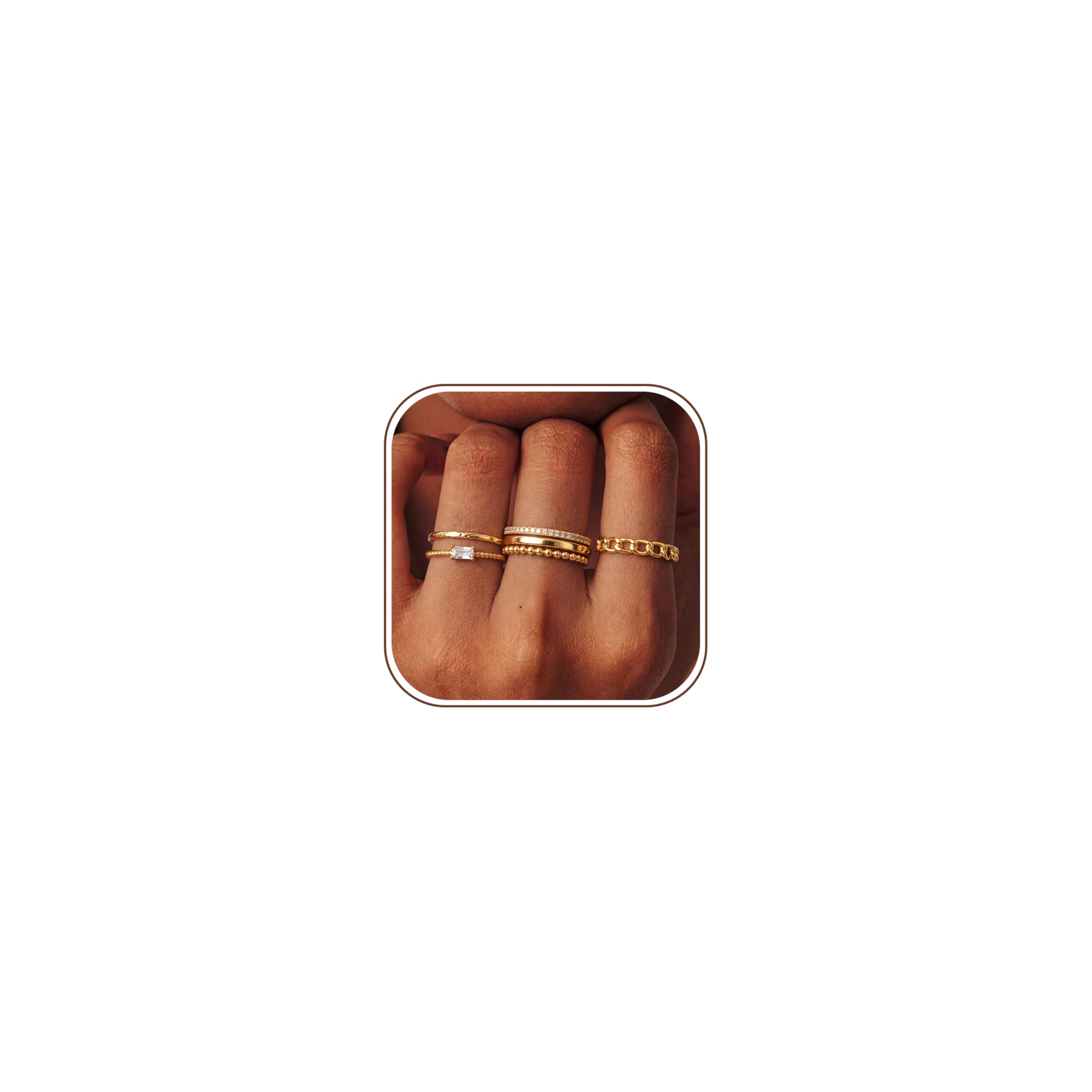 FIBO STEEL 6PCS Stackable Rings for Women Non Tarnish Waterproof Gold Plated Silver Color Square Cubic Zirconia Ring Set Dainty Stacking Rings Trendy Thin Thumb Band Statement Ring Stack Size 5-11 14K gold plated 7