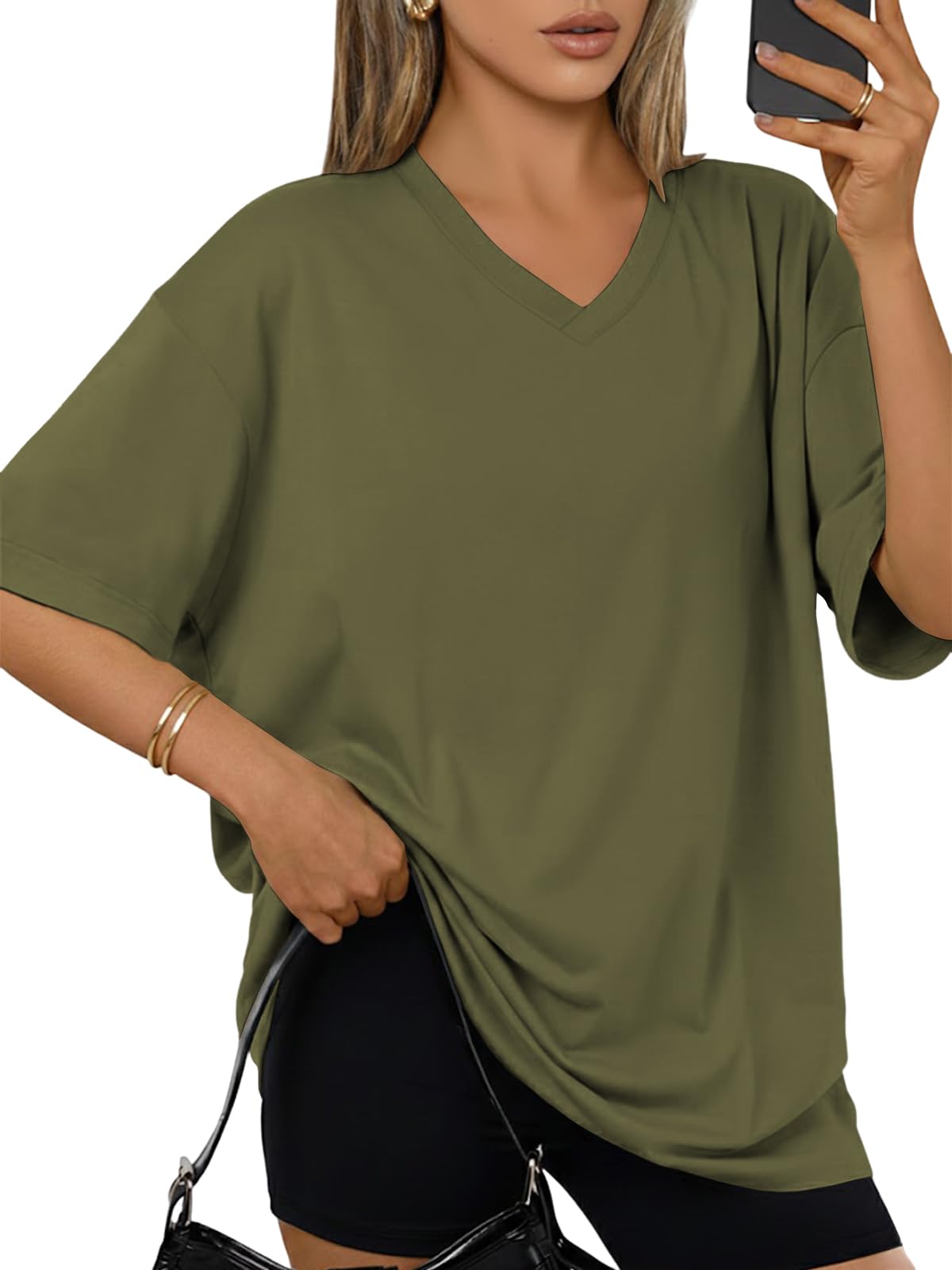 Cuptacc Tshirt Damen V Ausschnitt Oversized Oberteile Basic Locker Kurzarm Tunika Damen Sommer Lang Shirt Mit Schlitz Einfarbig Top