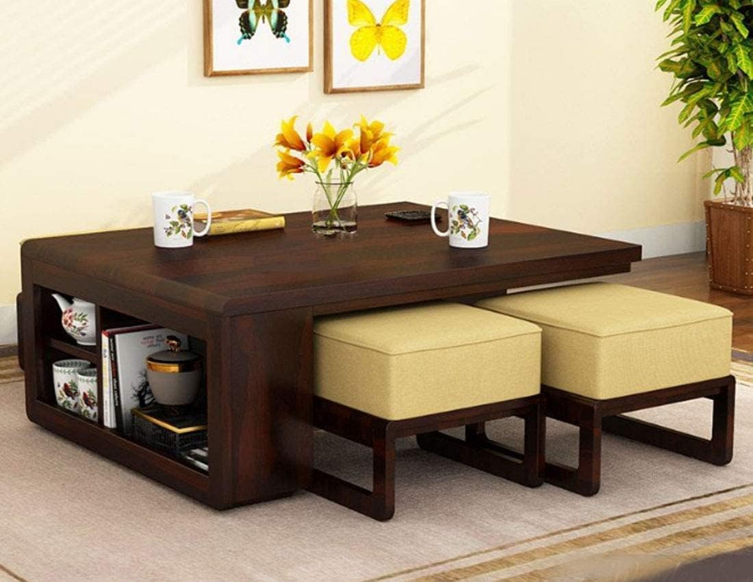 Coffee Table with 4 Stools | Sheesham Wood Coffee Table for Living Room | Wooden Center Teapoy Table (Walnut Finish)-picture-27