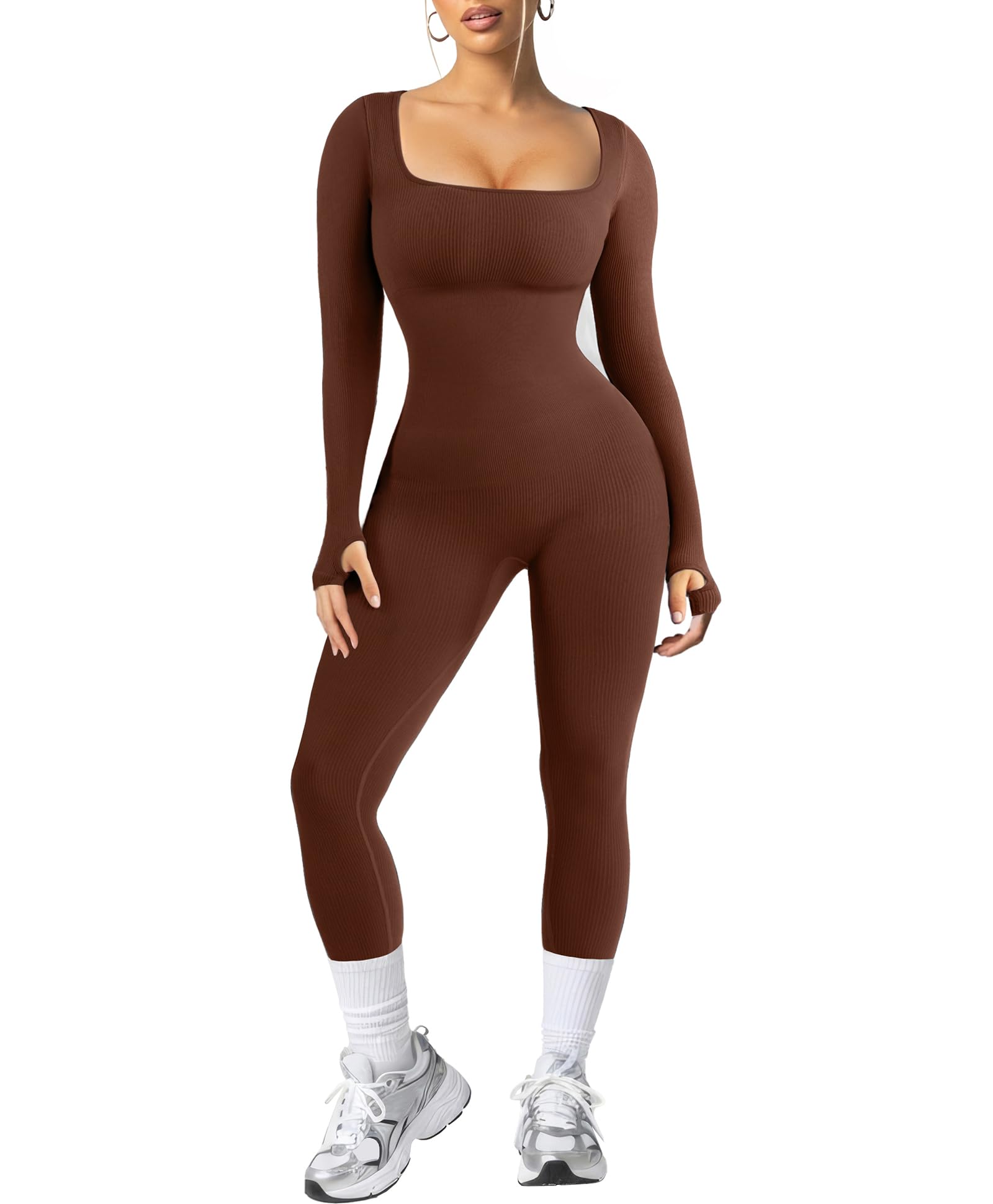 Popilush Jumpsuits for Women Long Sleeve Built-In Bra Square Neck Full Length Leggings Bodycon Stretch Workout Outfits