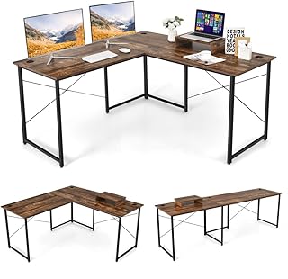 COSTWAY L-Shaped Computer Desk, 240cm Reversible Double Study Writing Workstation for 2 Person, Large Long Corner Home Office Desk Wooden PC Laptop Gaming Table with Monitor Stand (Rustic Brown)