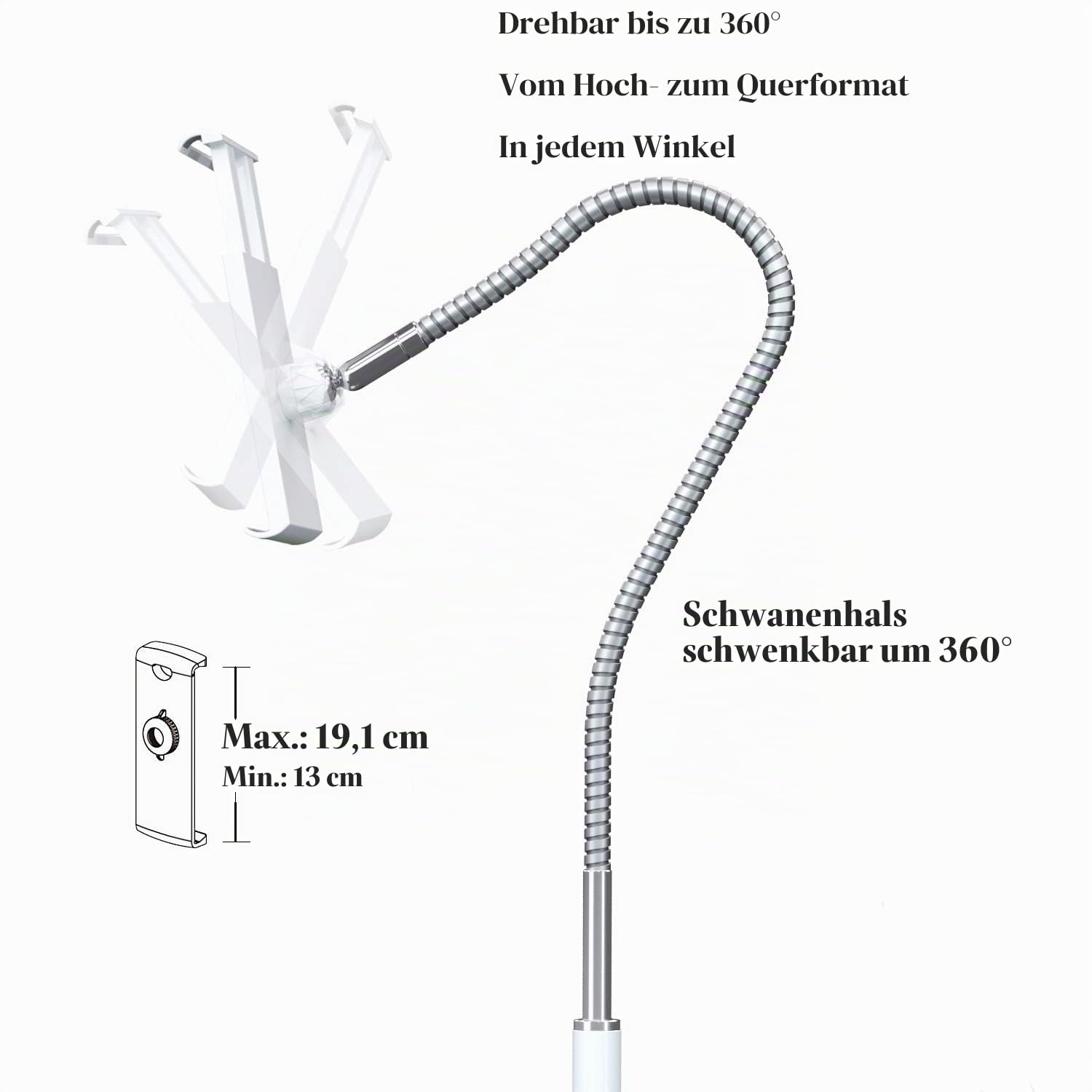 Tablet-Bodenständer mit flexiblem Schwanenhals und stabilem Aluminiumsockel, geeignet für Smartphones mit 8,9 cm - 26,9 cm (3,5-10,6 Zoll), Weiß