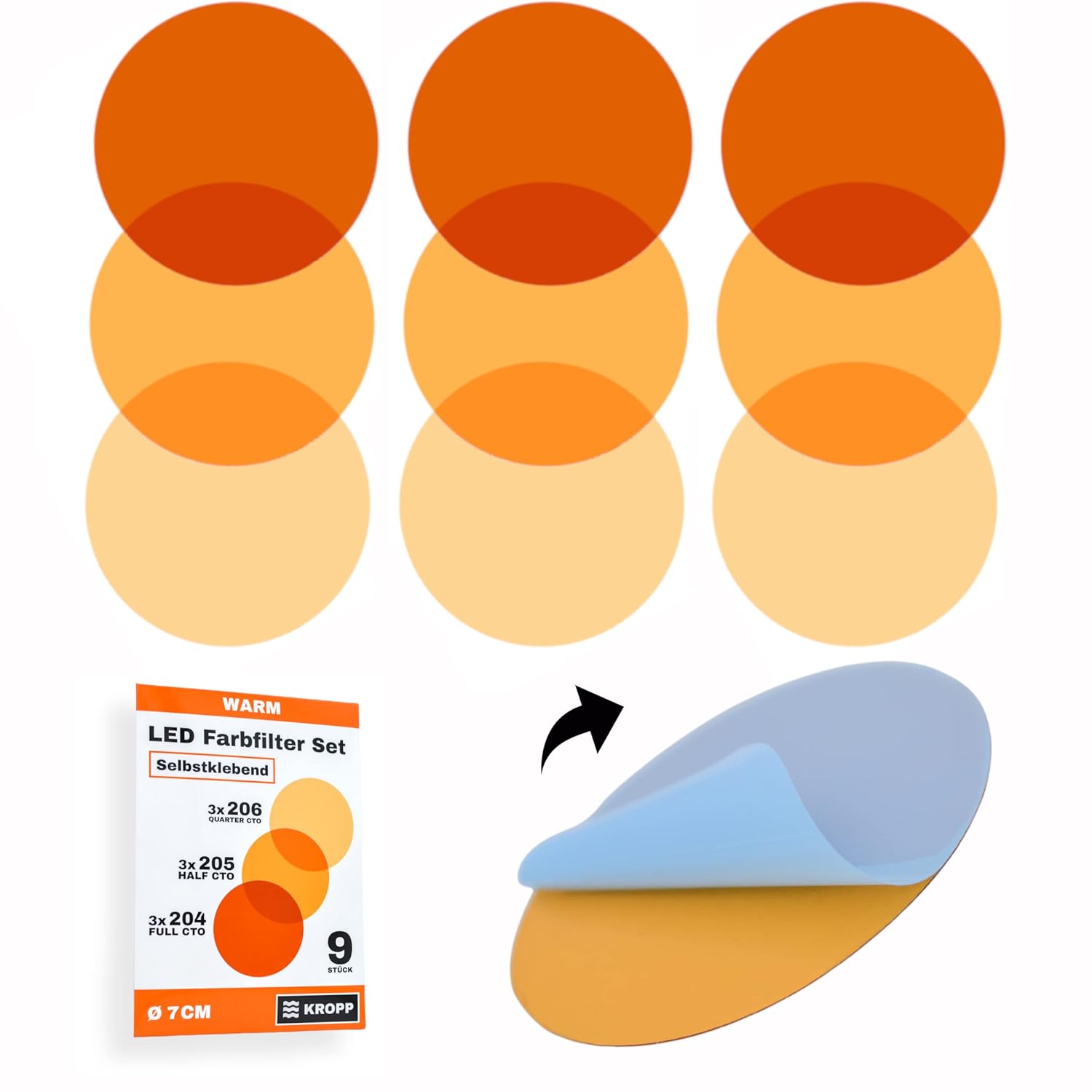 KROPP SelfAdhesive Colour Films for LED Lamps, 7 cm Circle Cut, 3