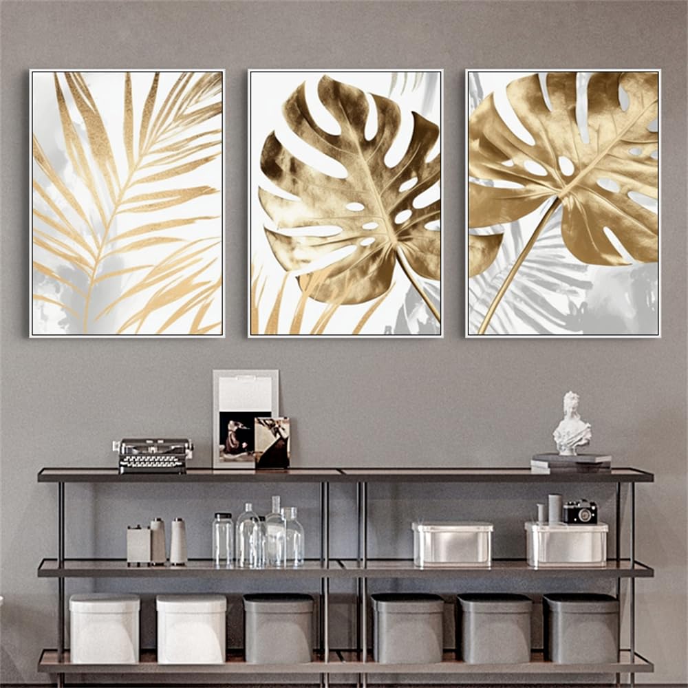 WBYZAC Wall Pictures-Golden Leaf Posters and Prints Abstract Canvas Painting Wall Art Pictures for Living Room Modern Bedroom Kitchen Home Decor-40 * 50cm*3PCS (No Frame)