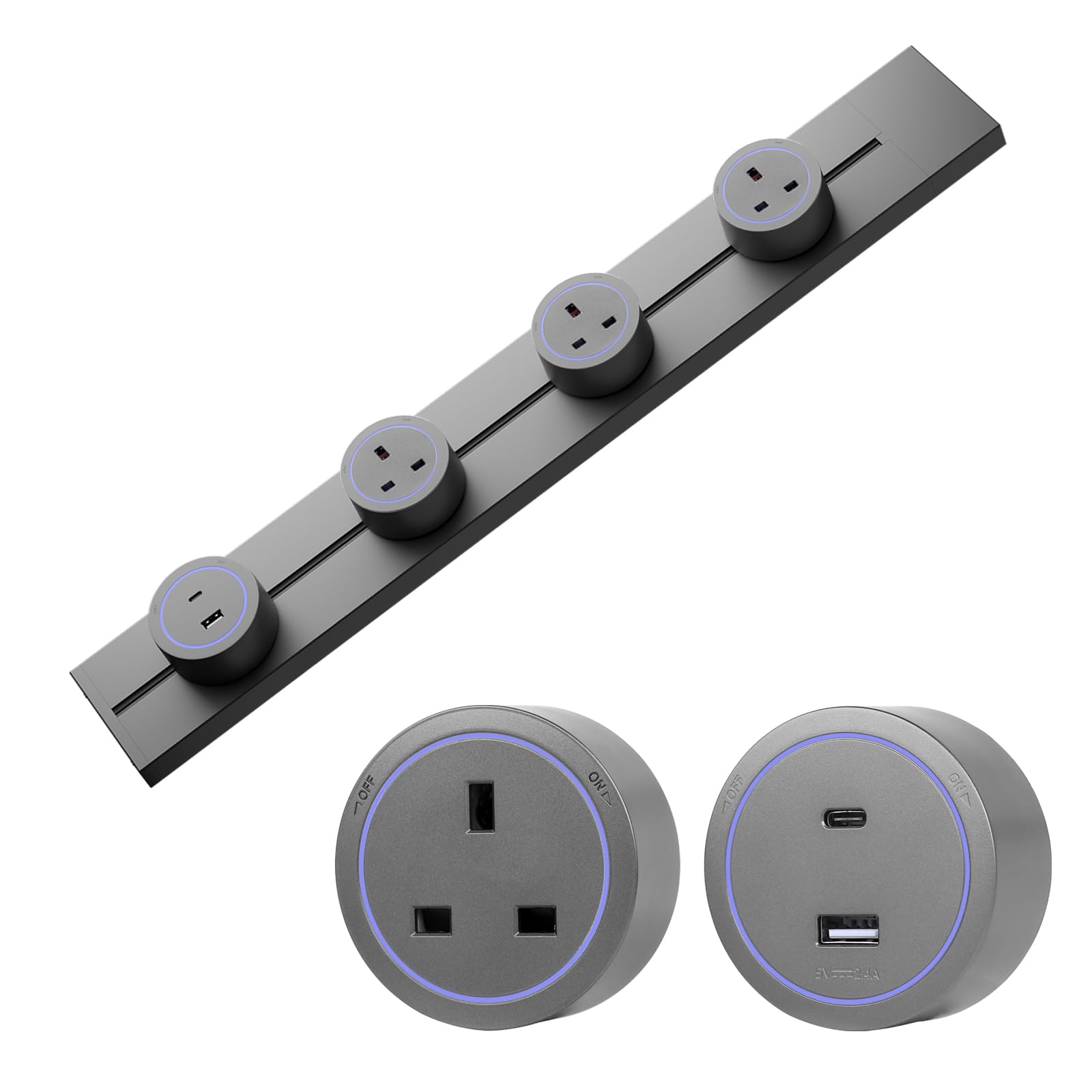 CNBINGO 60cm Wall Mounted Power Track Socket 4 Adapters for Kitchen Grey