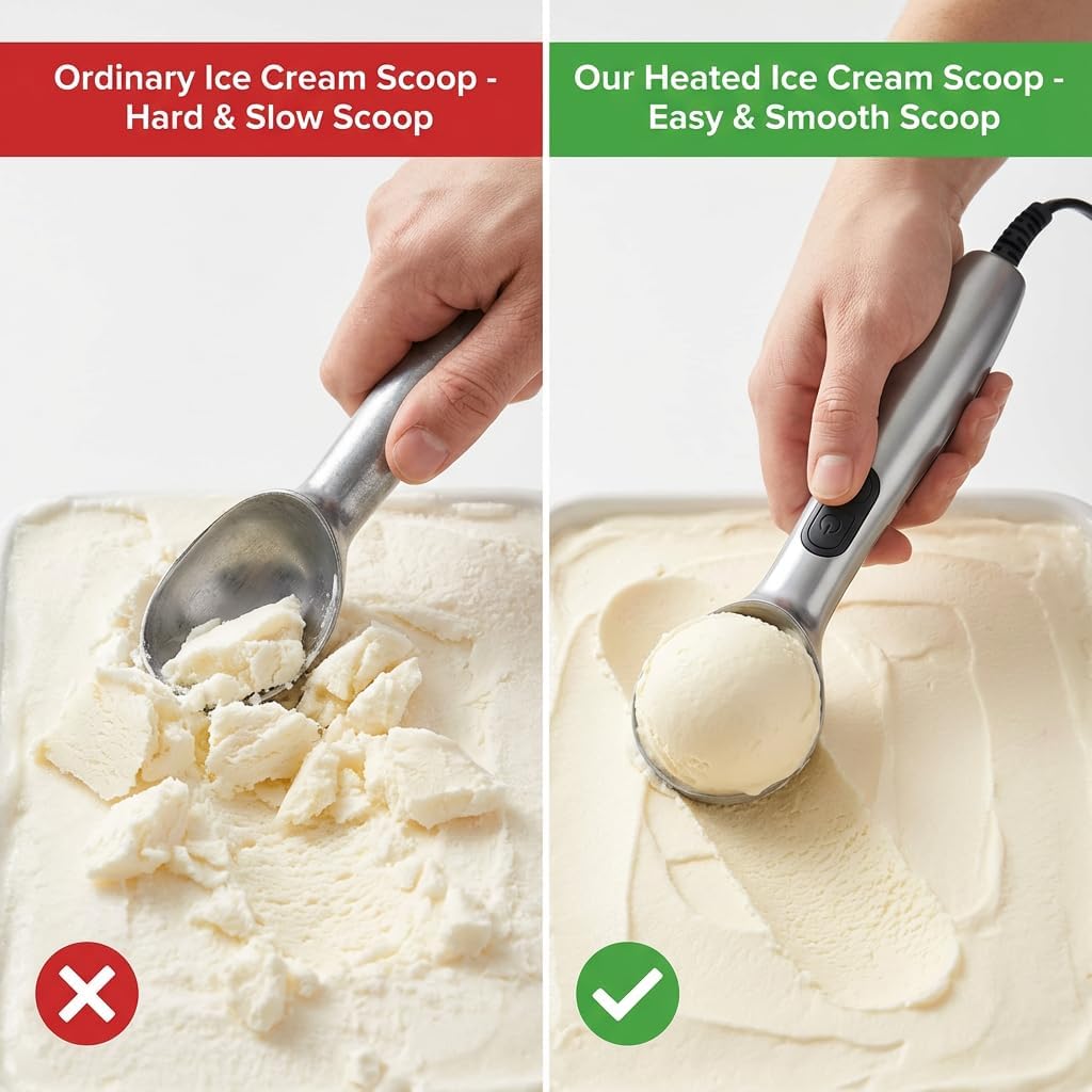 Electric Heated Ice Cream Scoop with 3 Temperature Modes, Non-Stick Rechargeable Ice Cream Scooper for Hard Ice Cream, IP67 Waterproof, Professional Kitchen Gadget