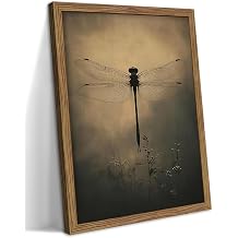 Wood Framed Vintage Dragonfly Wall Art, Gothic Dark Moody Insect Canvas Wall Decor Paintings, Small Retro Nature Botanical Aesthetic Posters Prints Pictures for Living Room Bedroom 8x10 Inch