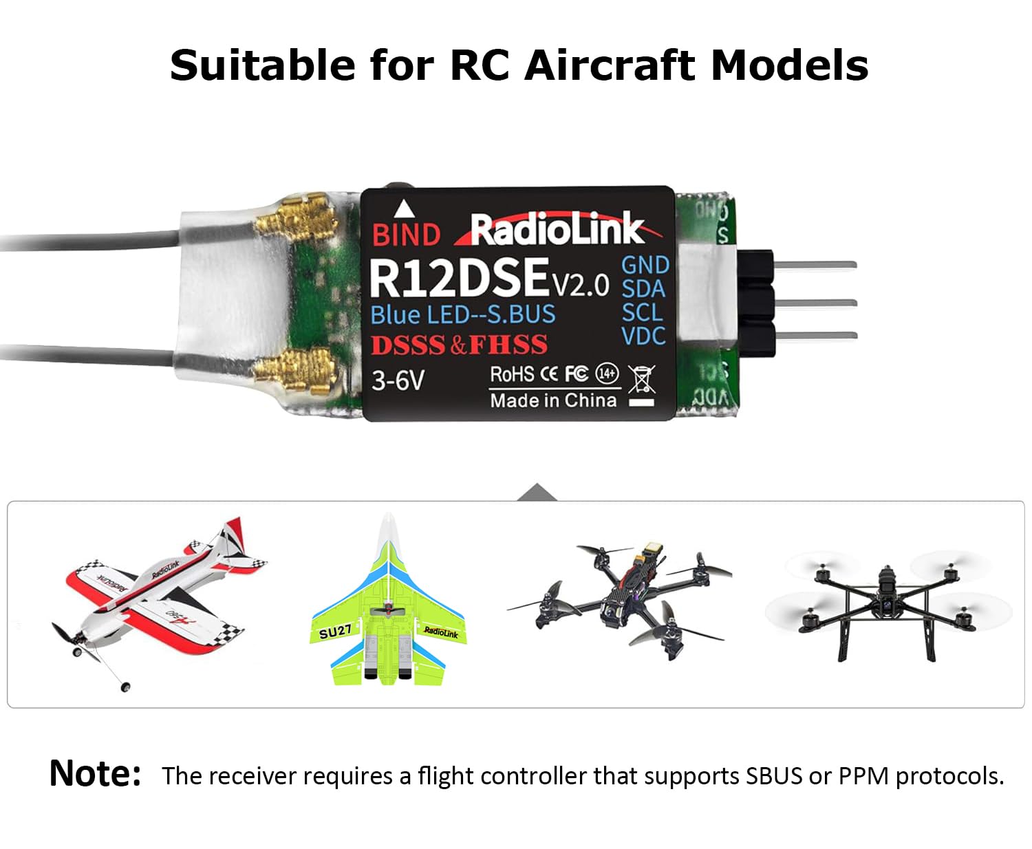 Radiolink R12DSE RC ricevitore 12 canali 2,4 GHz SBUS/PPM tensione elemetria e ampia portata per telecomando AT9/AT9S/AT9S Pro AT10II/AT10 per droni da corsa FPV, quadcopter ed elicotteri