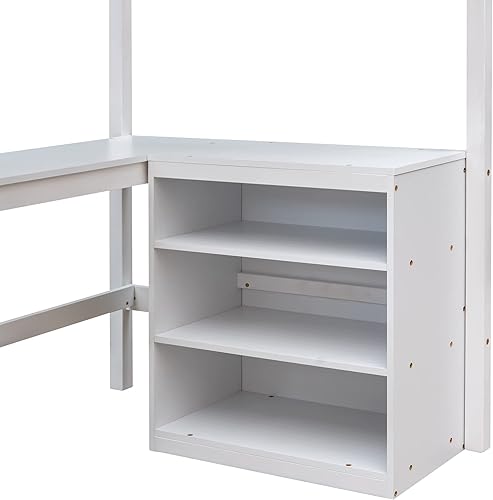 Miniatura 4 de Cama alta individual con escritorio y estantes de almacenamiento, cama alta de tamaño individual para niños con escaleras angulares y barandillas de