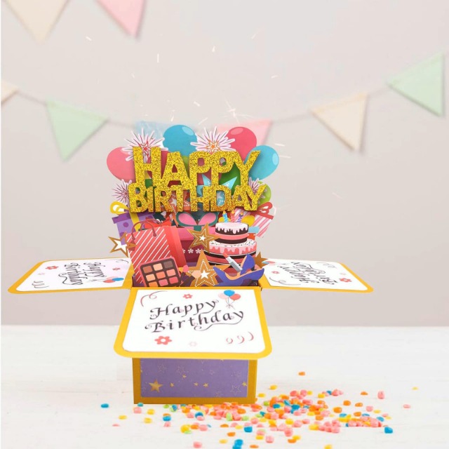 Biglietto Di Auguri Pop-Up 3D Con Palloncini E Torta Di Buon Compleanno – Cartolina Con Busta Dorata E Cartellino Per Messaggio, 19,1x15,2 Cm - 2