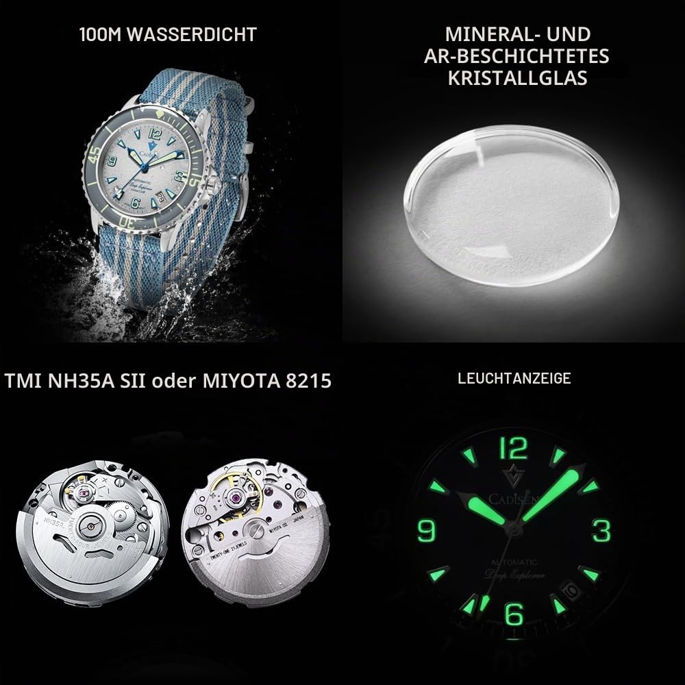 CADISEN Automatik Uhr Herren Mineralglas 100M Wasserdicht Armbanduhr Beiläufig
