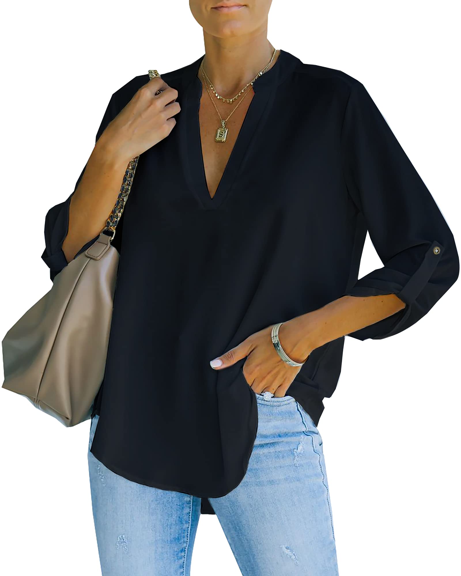 NONSAR Camicetta da donna Henley, elegante, con scollo a V, maniche arrotolabili, in stile casual